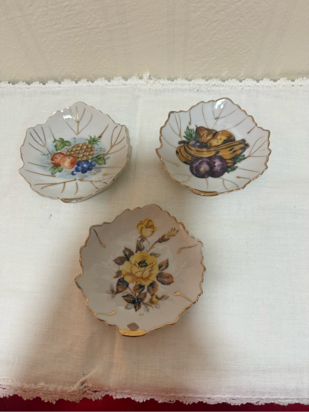 Set of 3‎ Decorative Porcelain Trinket Dishes - Floral & Fruit Motifs, Gold Trim